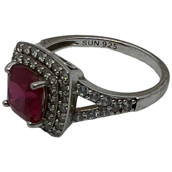 Sterling Silver 925 Ruby Red CZ Halo Ring Art Deco Style Size 6.5 - Picture 2 of 13